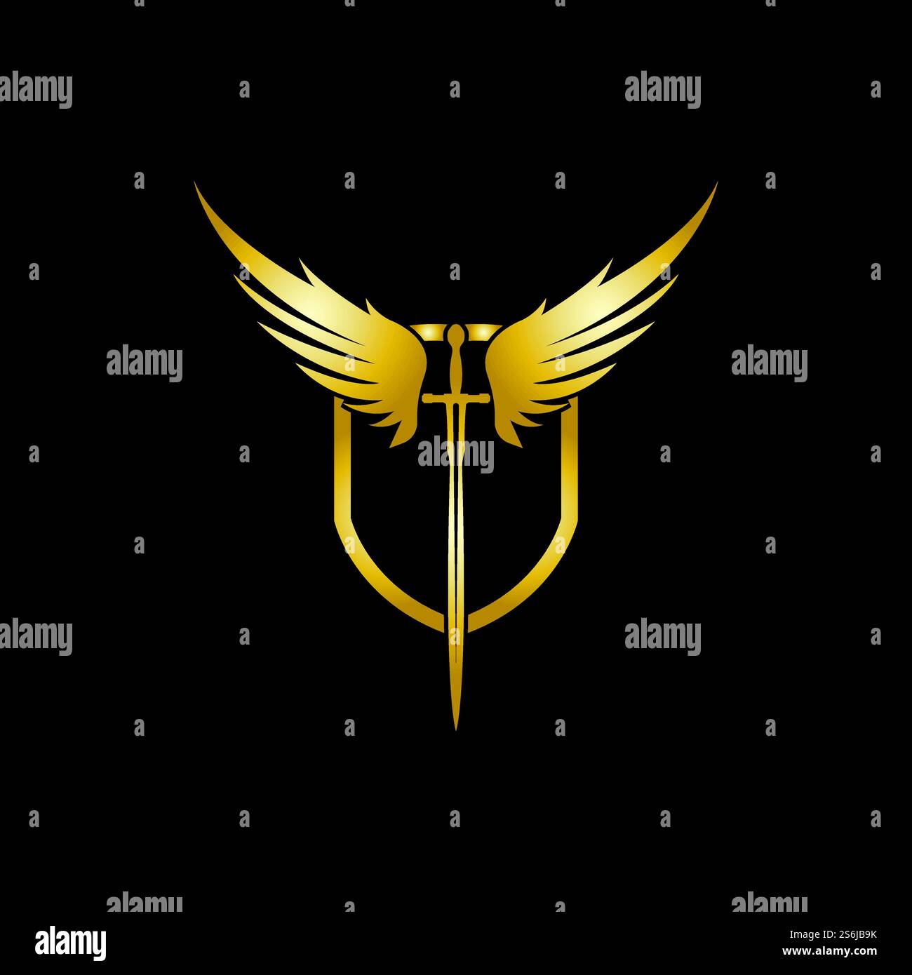 Gold winged sword with shield vector icon. Stock Vector