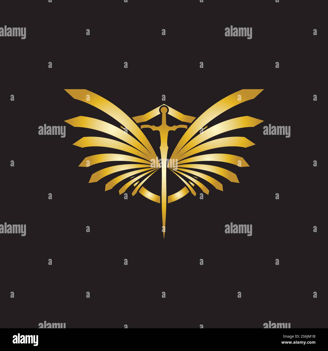 Gold winged sword with shield vector icon. Stock Vector