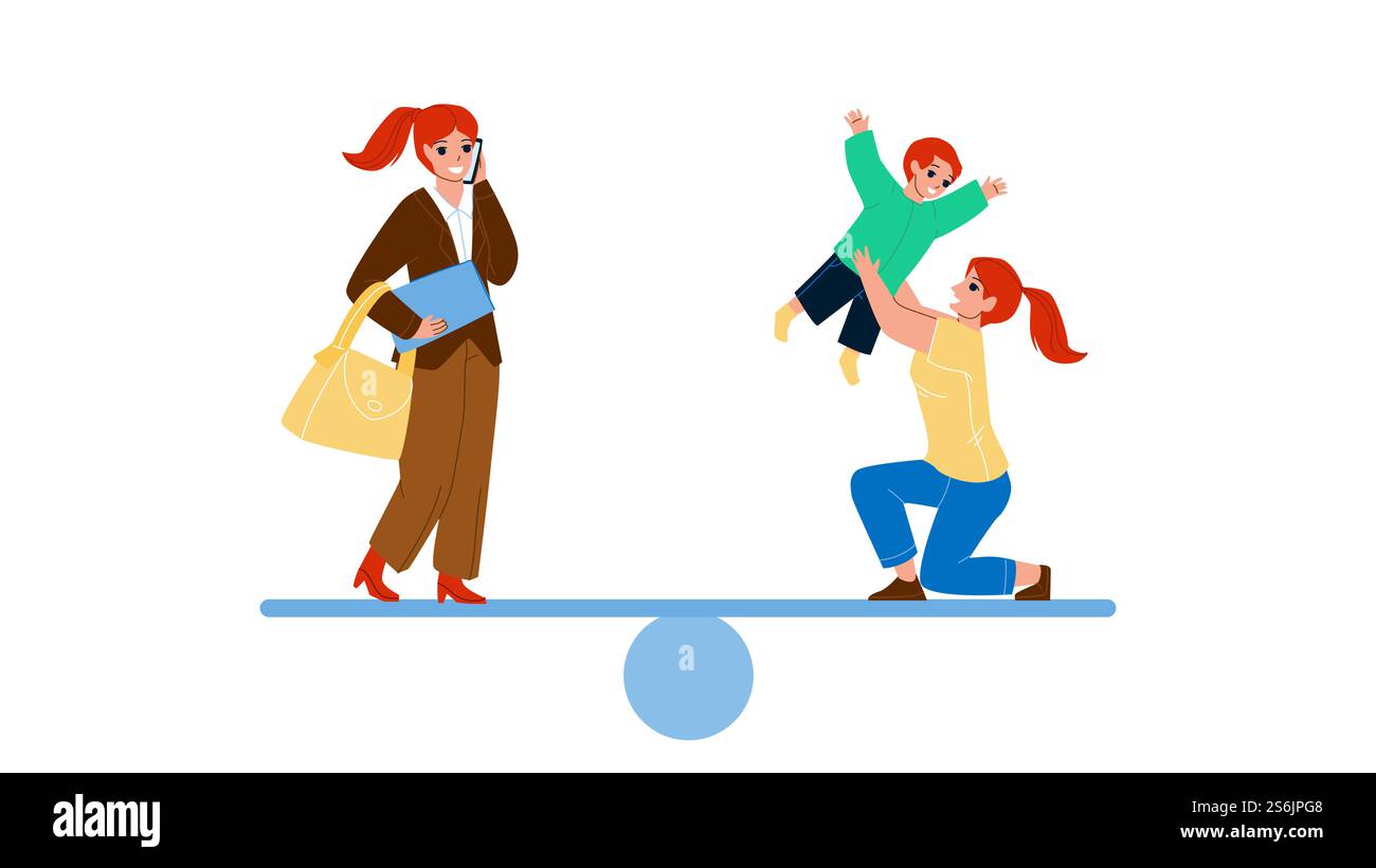Woman Career And Family Life Time Balance Vector. Businesswoman Work ...