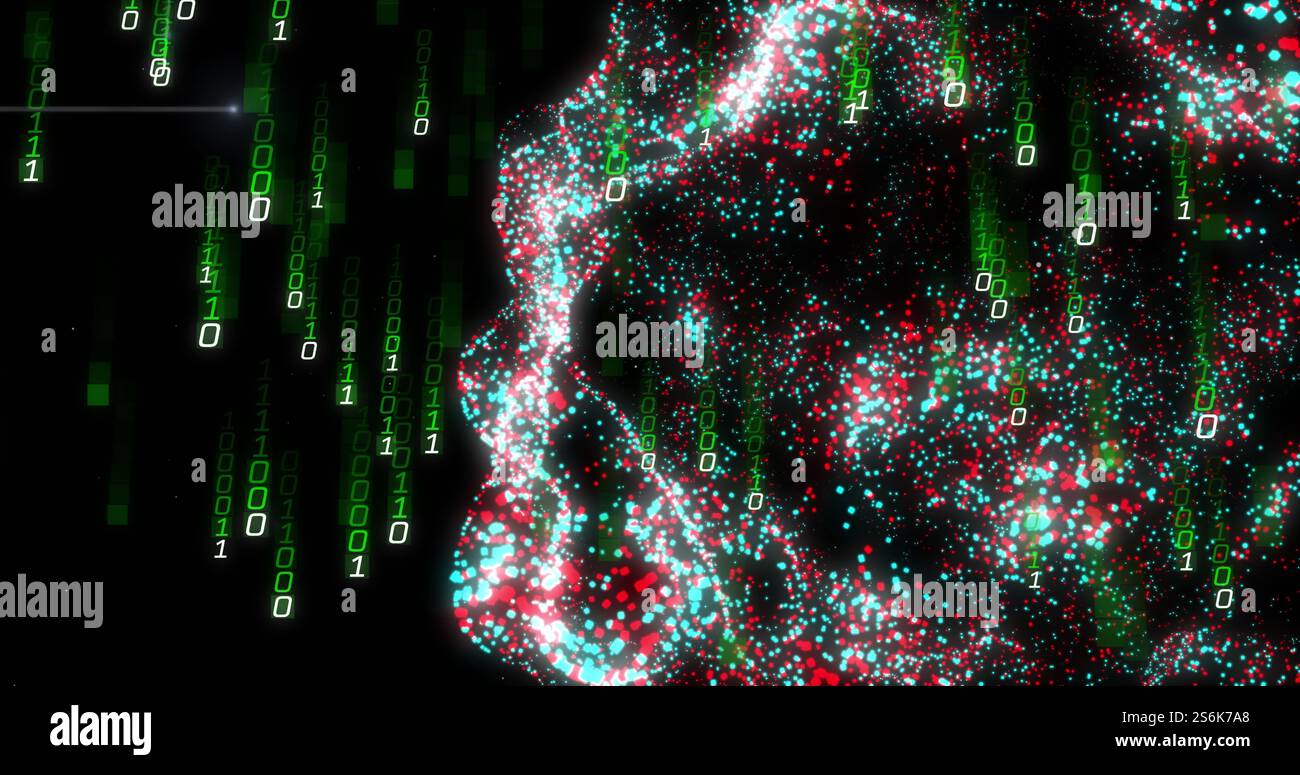 Image of digital data processing binary coding over floating mesh on black background Stock Photo