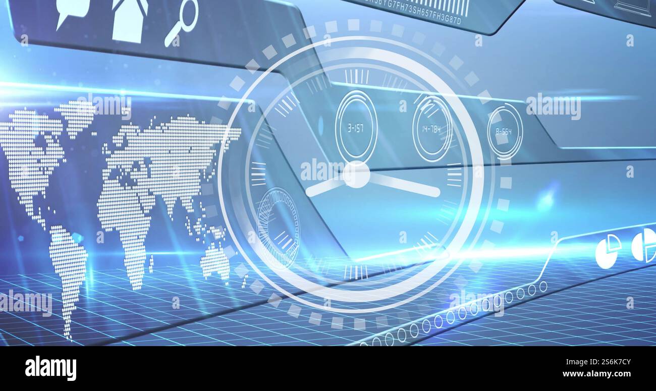Image of moving clock over digital interface with data processing and ...