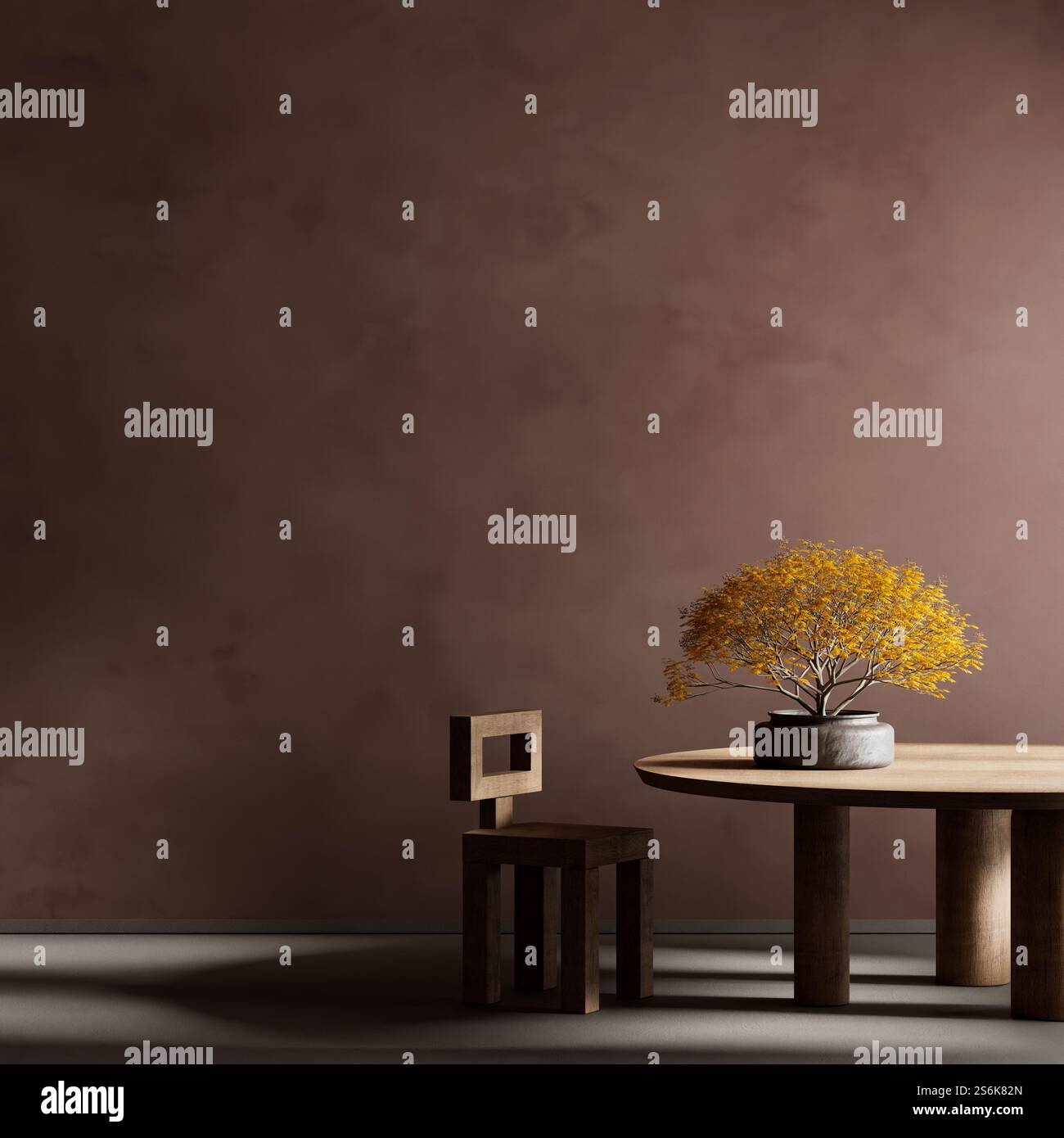 Japandi style dining room design with wooden furnitures and raw ...