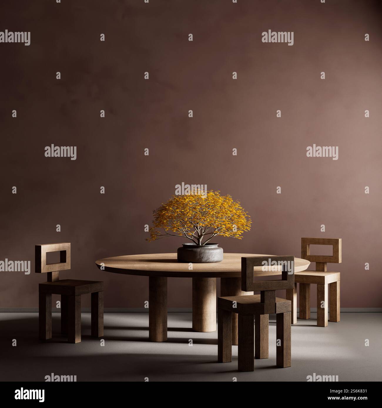 Japandi style dining room design with wooden furnitures and raw ...