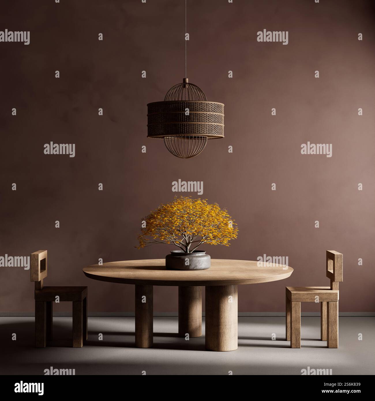 Japandi style dining room design with wooden furnitures and raw ...