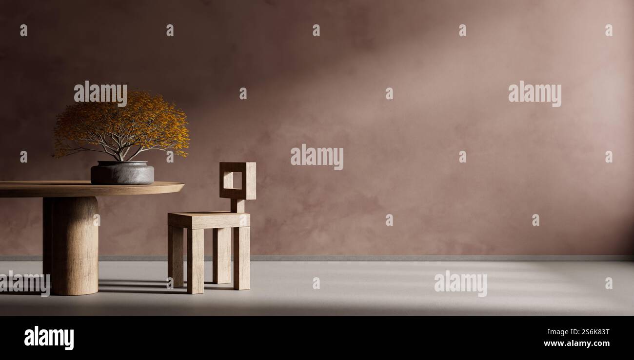 Japandi style dining room design with wooden furnitures and raw ...