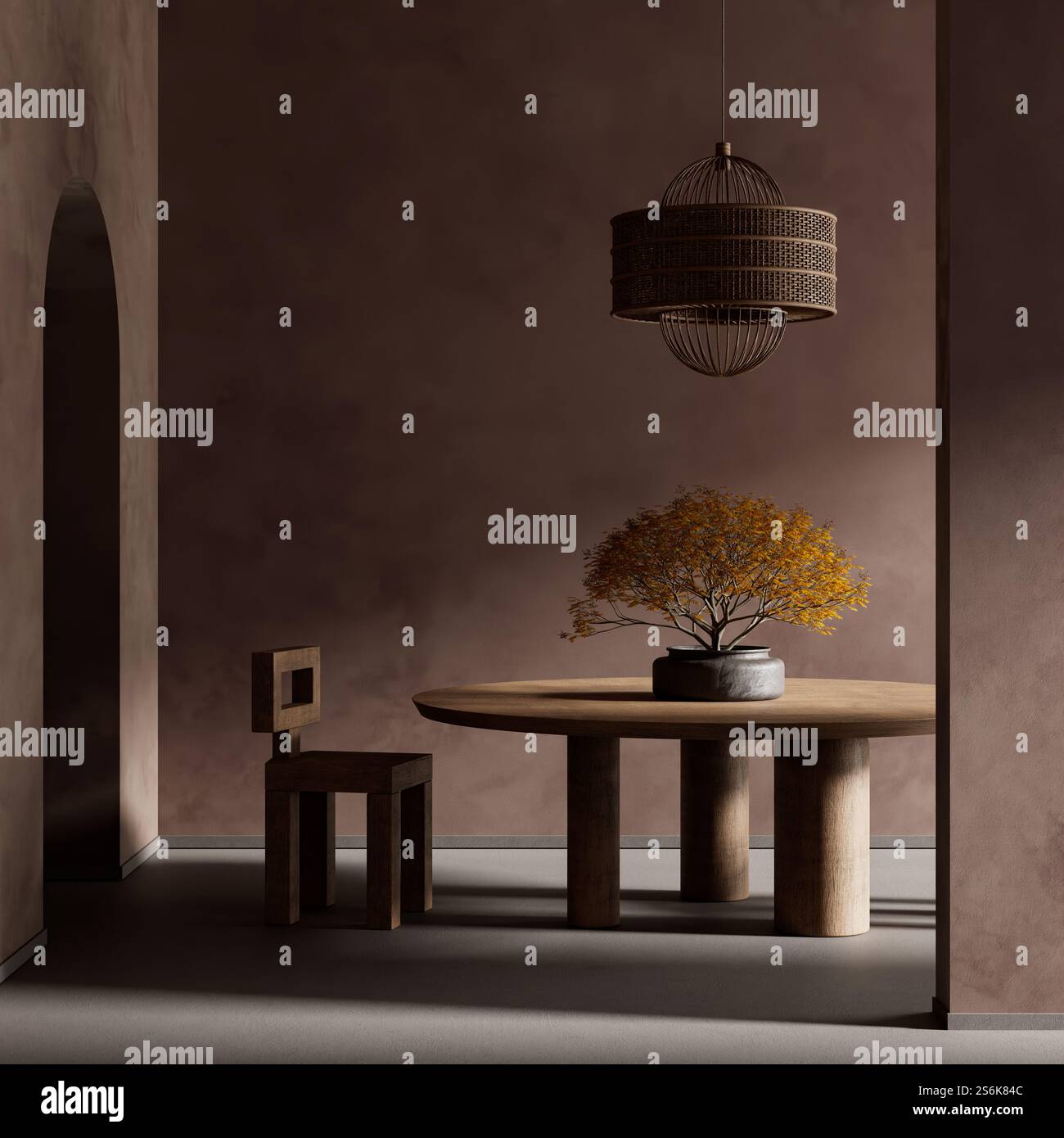 Japandi style dining room design with wooden furnitures and raw ...