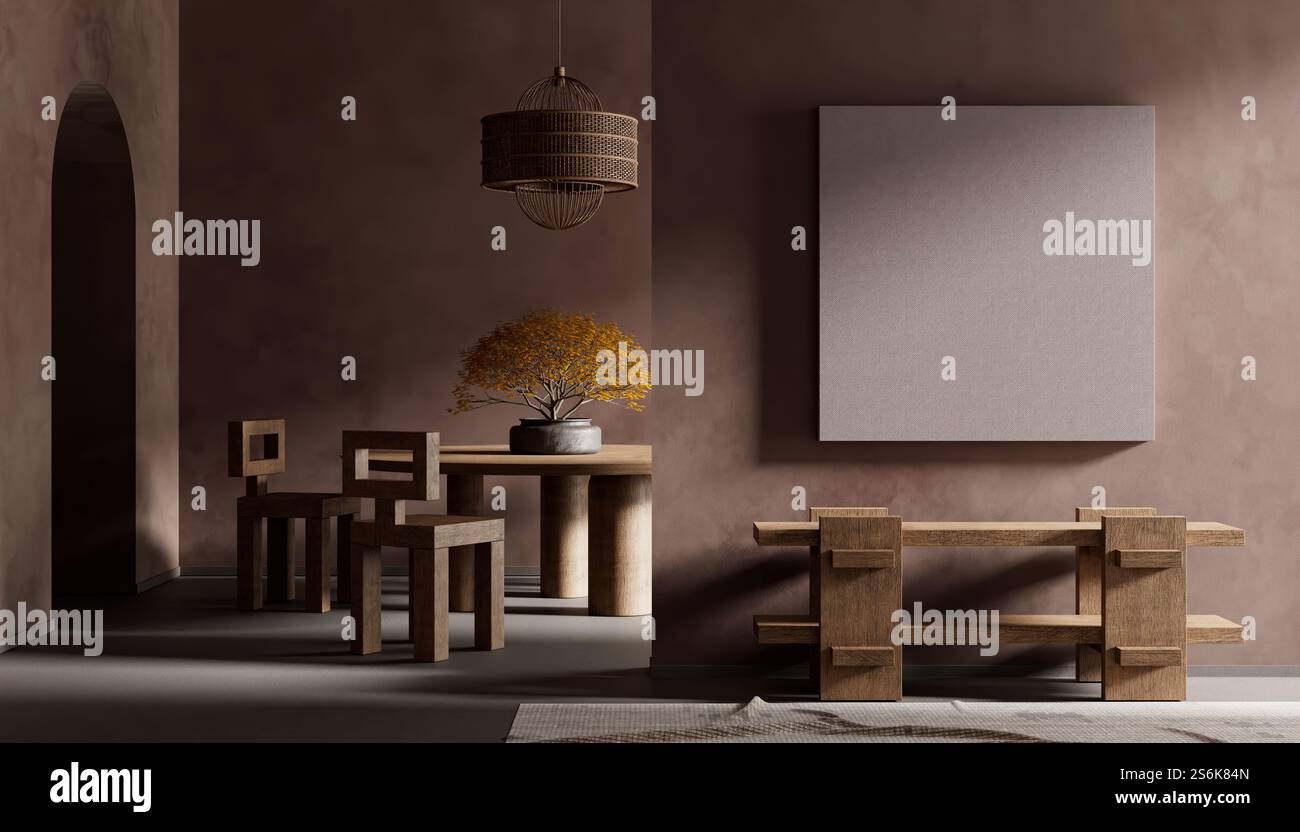 Japandi style dining room design with wooden furnitures and raw ...