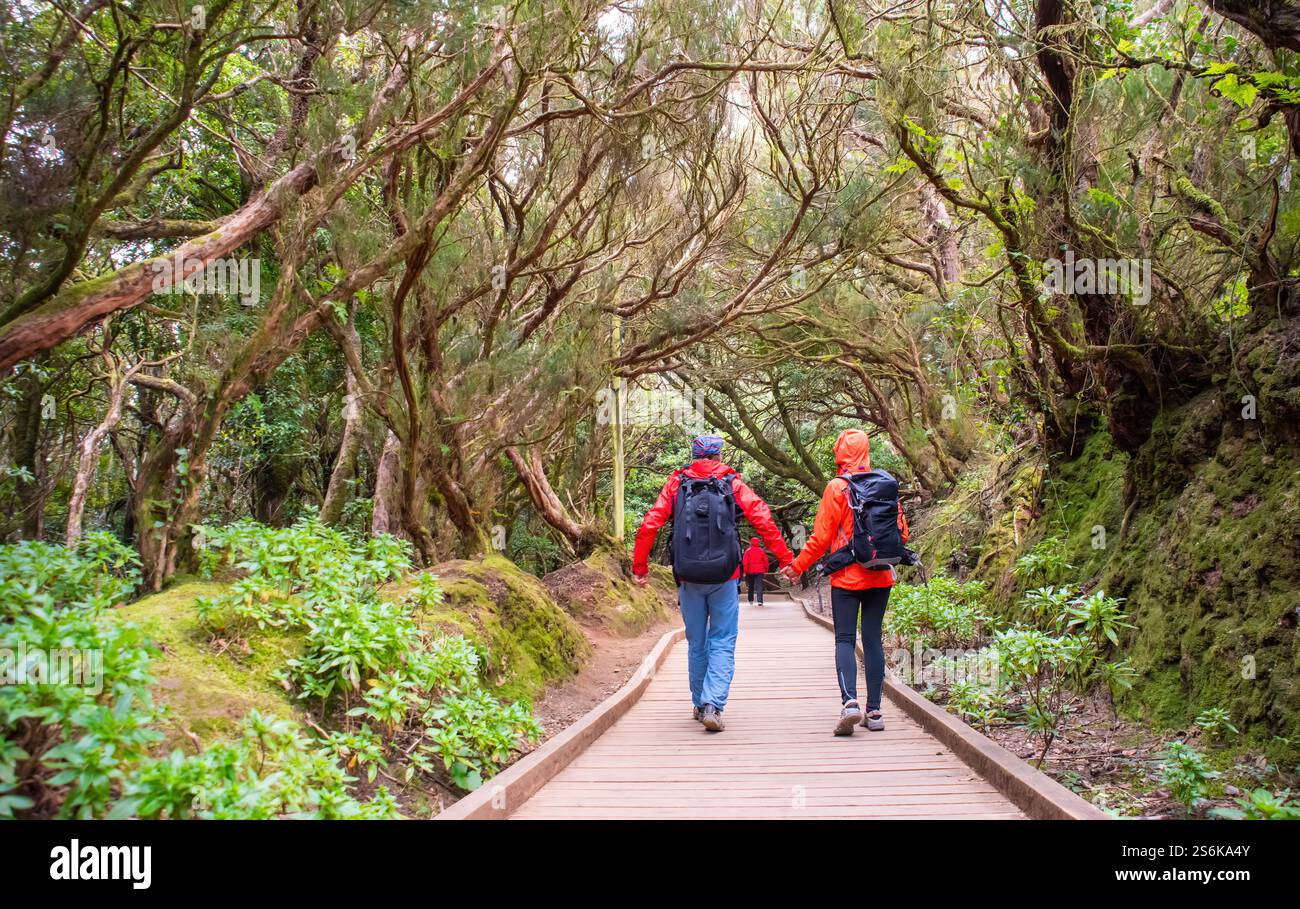 Sporty Tourist Couple On Hiking Trail In Anaga Rural Park Ancient Sporty Tourist Couple On Hiking Trail In Anaga Rural Park Ancient