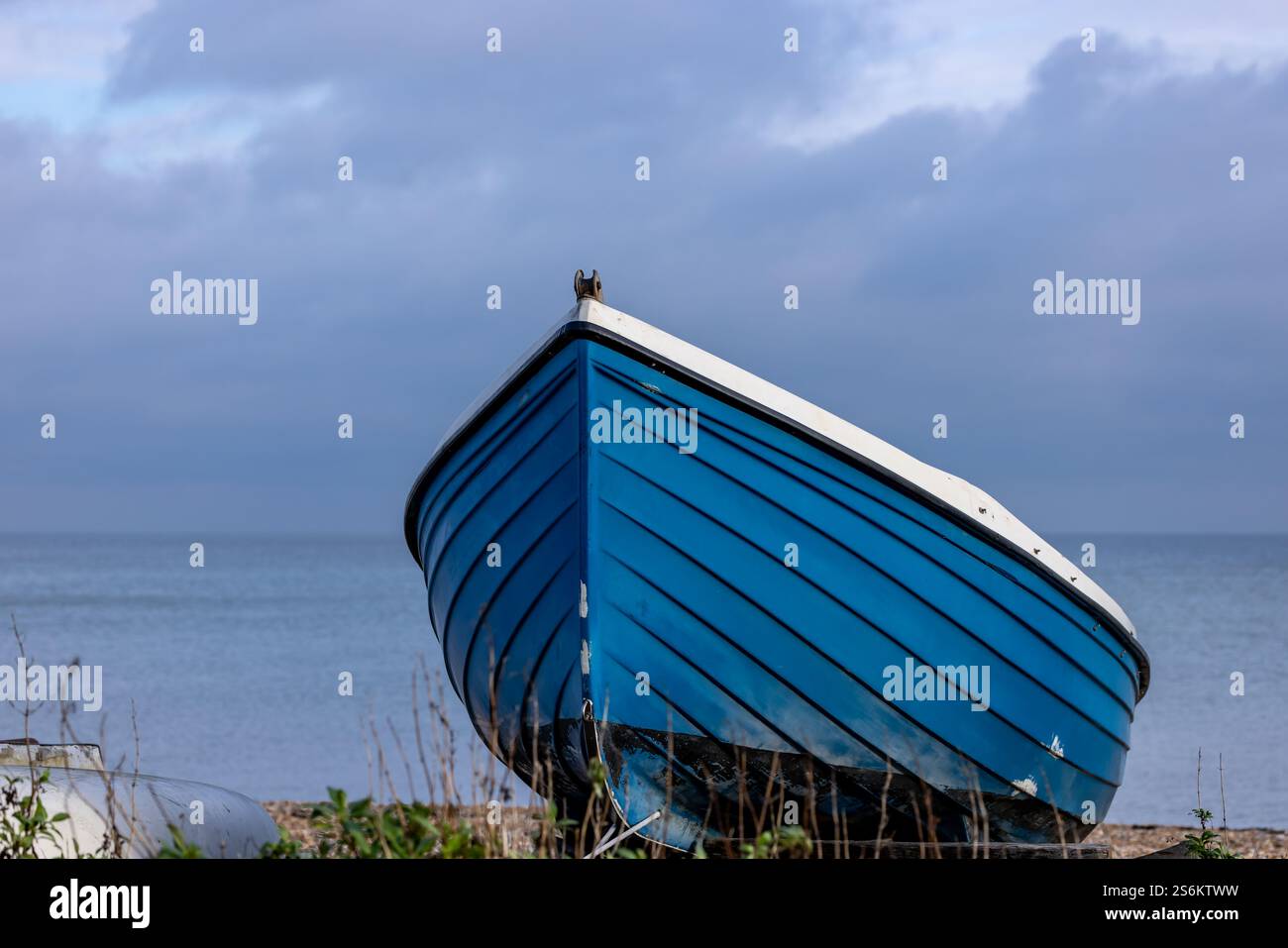 A boat moored on the beach at Deal in Kent, with a shallow depth of field Stock Photo