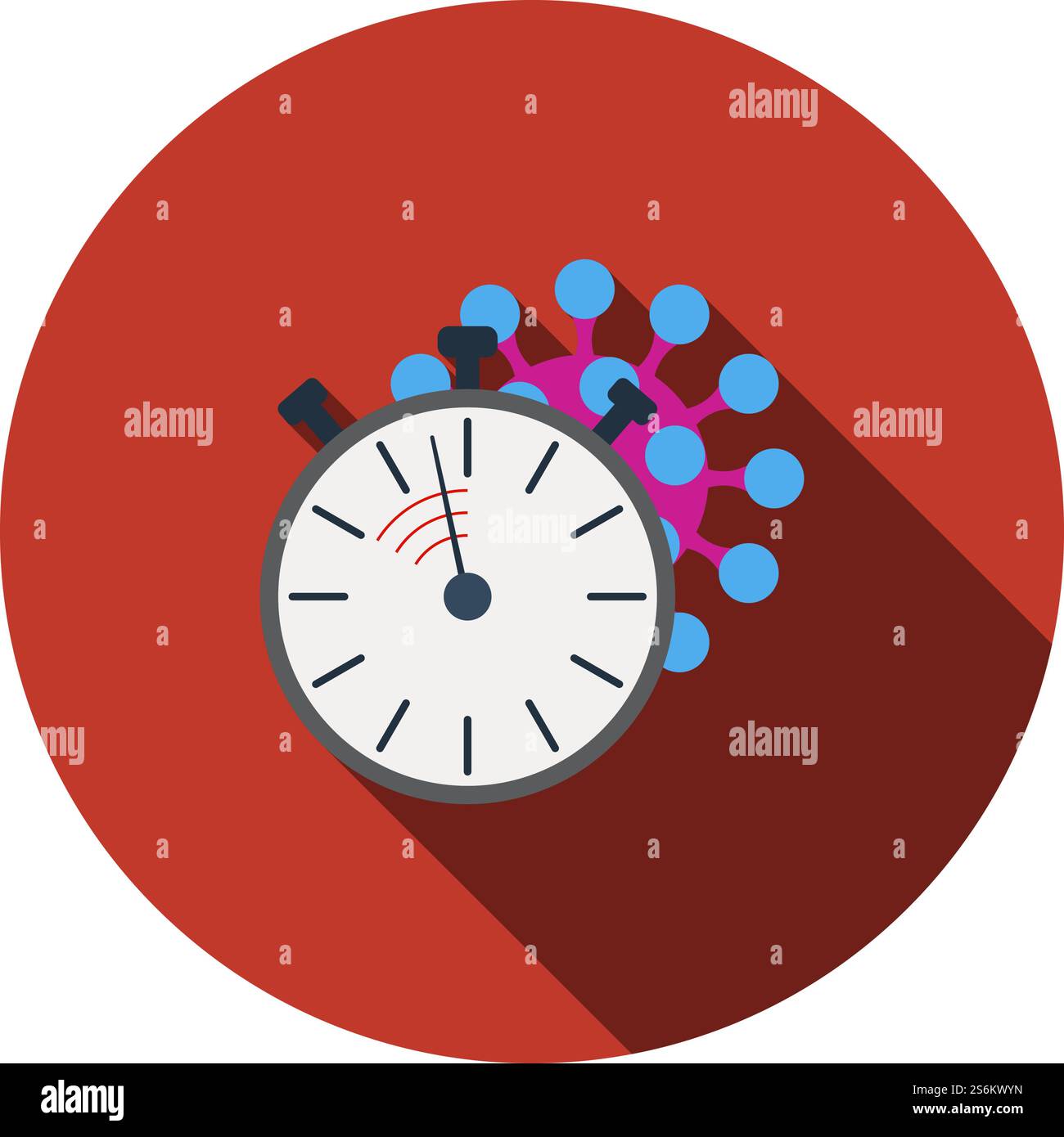 Coronavirus Molecule Under Stopwatch Icon. Flat Circle Stencil Design With Long Shadow. Vector Illustration. Stock Vector