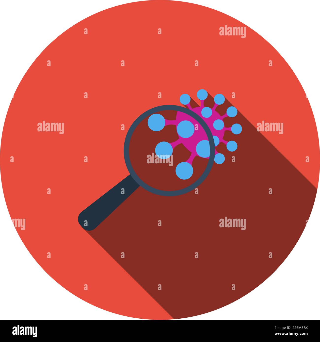 Magnifier Over Coronavirus Molecule Icon. Flat Circle Stencil Design With Long Shadow. Vector Illustration. Stock Vector