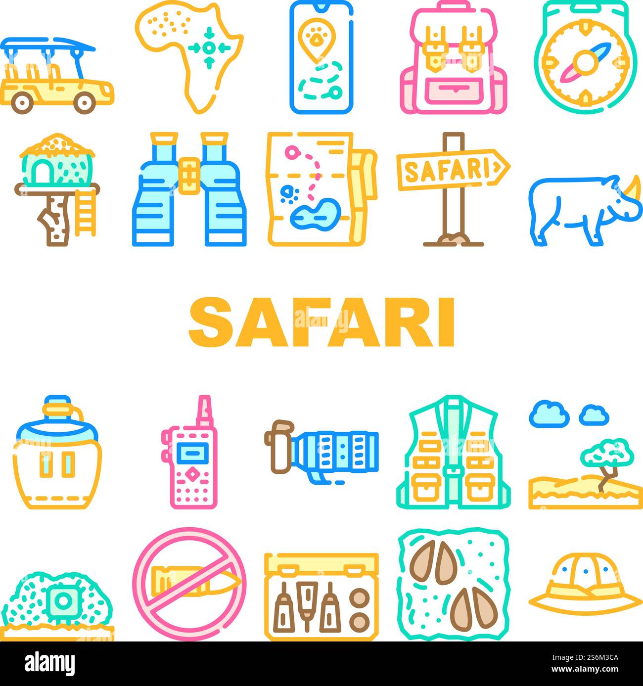 Safari African Hunting Vacation Icons Set Vector. Rhinoceros Animal ...