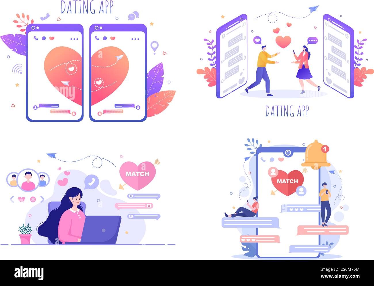 Dating App For a Couple With Male and Female in Smartphone If Match Become Love or Relationships. Background Flat Design Vector Illustration Stock Vector