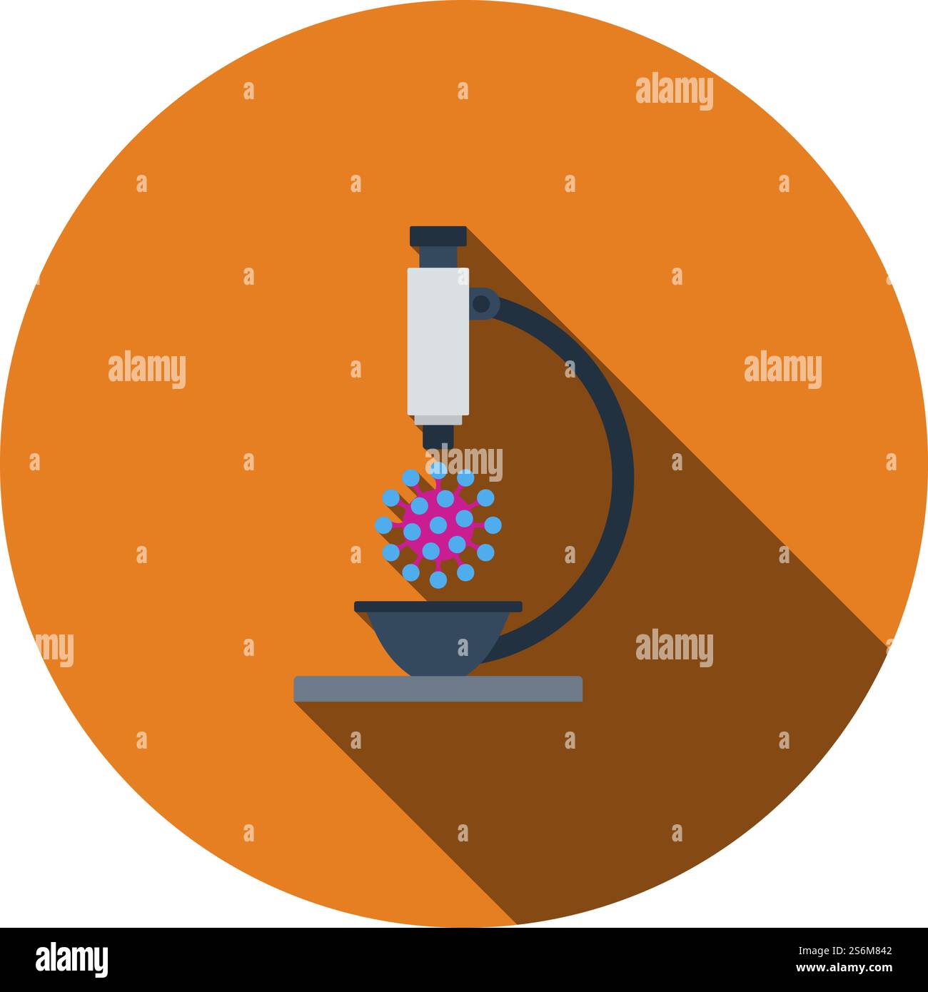 Research Coronavirus By Microscope Icon. Flat Circle Stencil Design With Long Shadow. Vector Illustration. Stock Vector