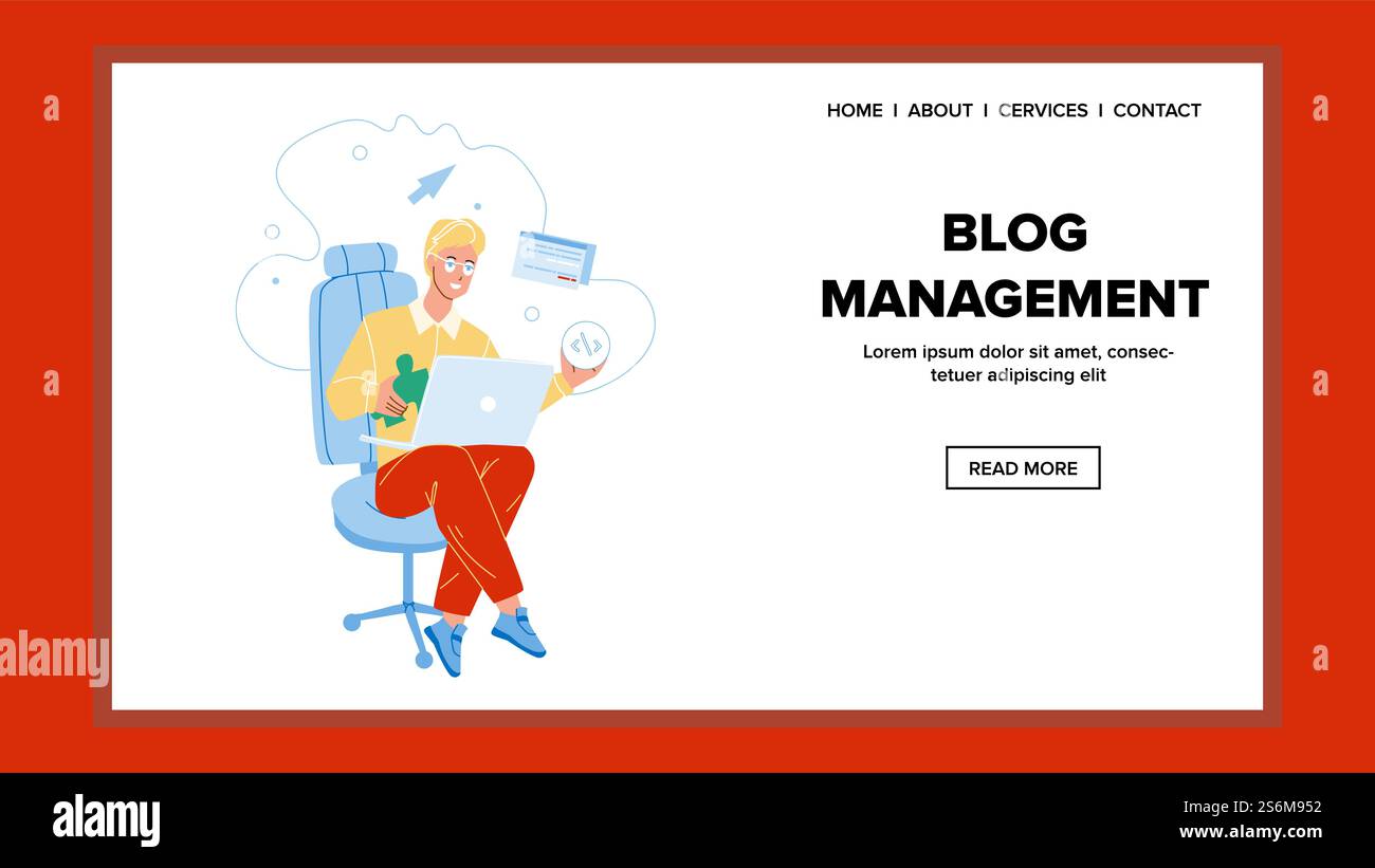 Blog Management Service Man Occupation Vector. Coder Blog Management Business On Laptop, Creating And Coding Website. Character Sitting On Chair And Working Web Flat Cartoon Illustration. Blog Management Service Man Occupation Vector Stock Vector
