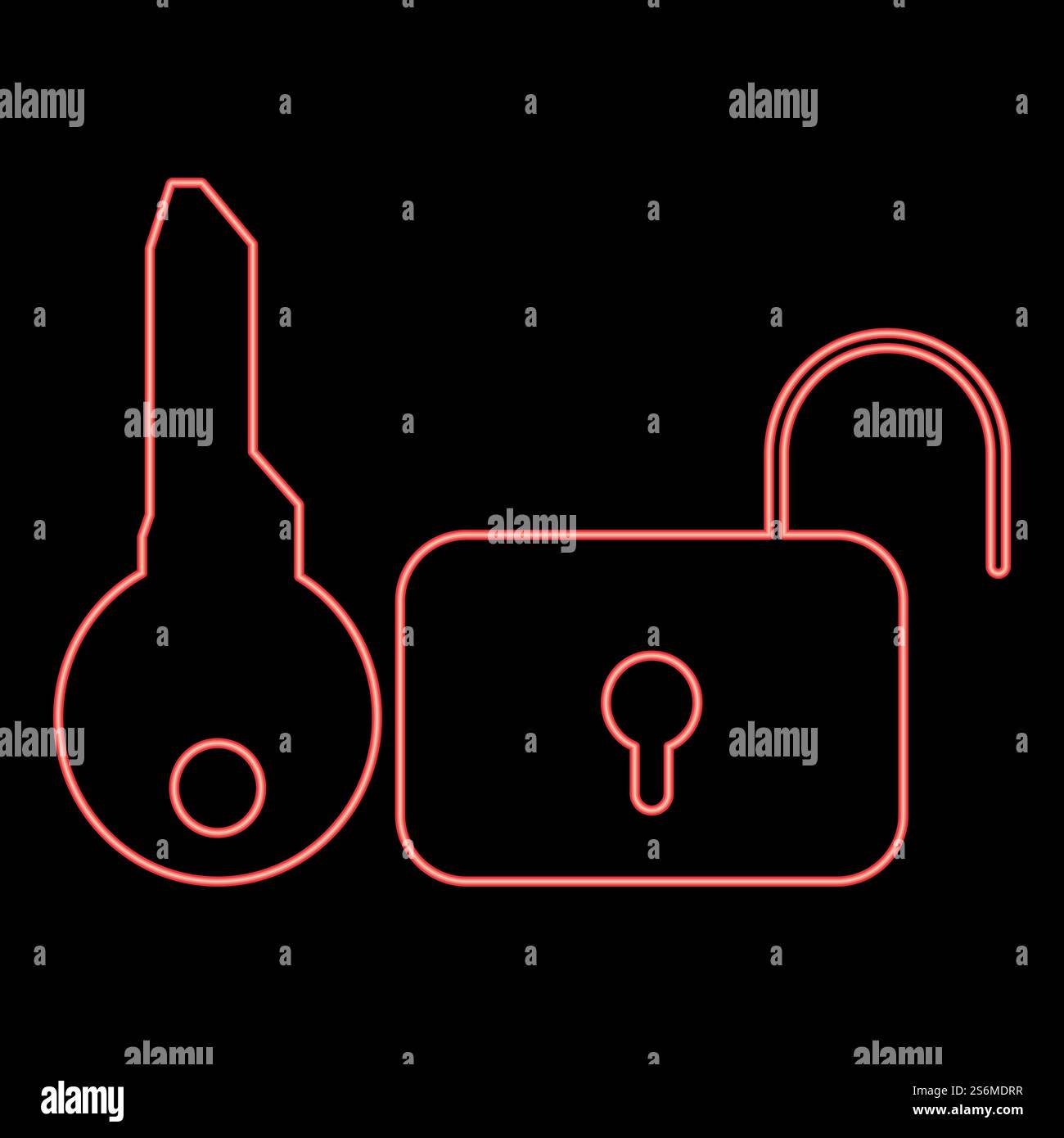 Neon key and lock red color vector illustration flat style light image. Neon key and lock red color vector illustration flat style image Stock Vector