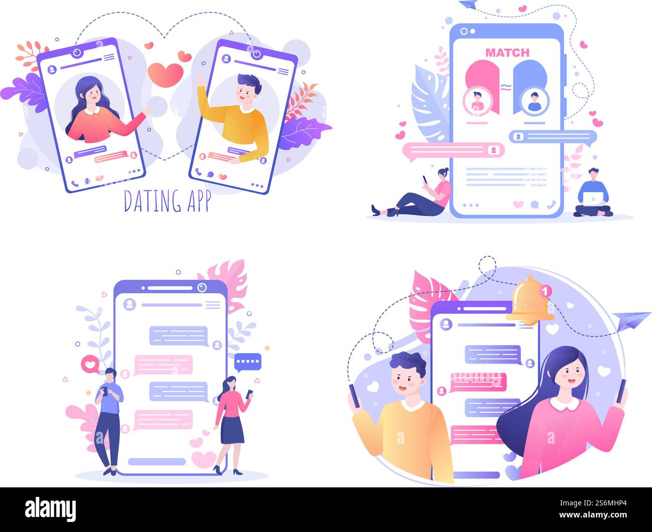 Dating App For a Couple With Male and Female in Smartphone If Match Become Love or Relationships. Background Flat Design Vector Illustration Stock Vector
