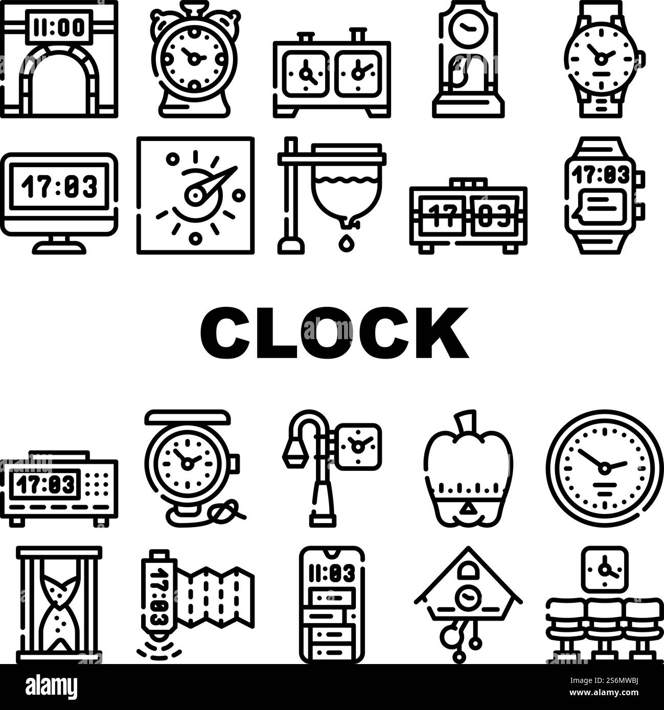 Clock And Watch Time Equipment Icons Set Vector. Floor Antique Clock ...