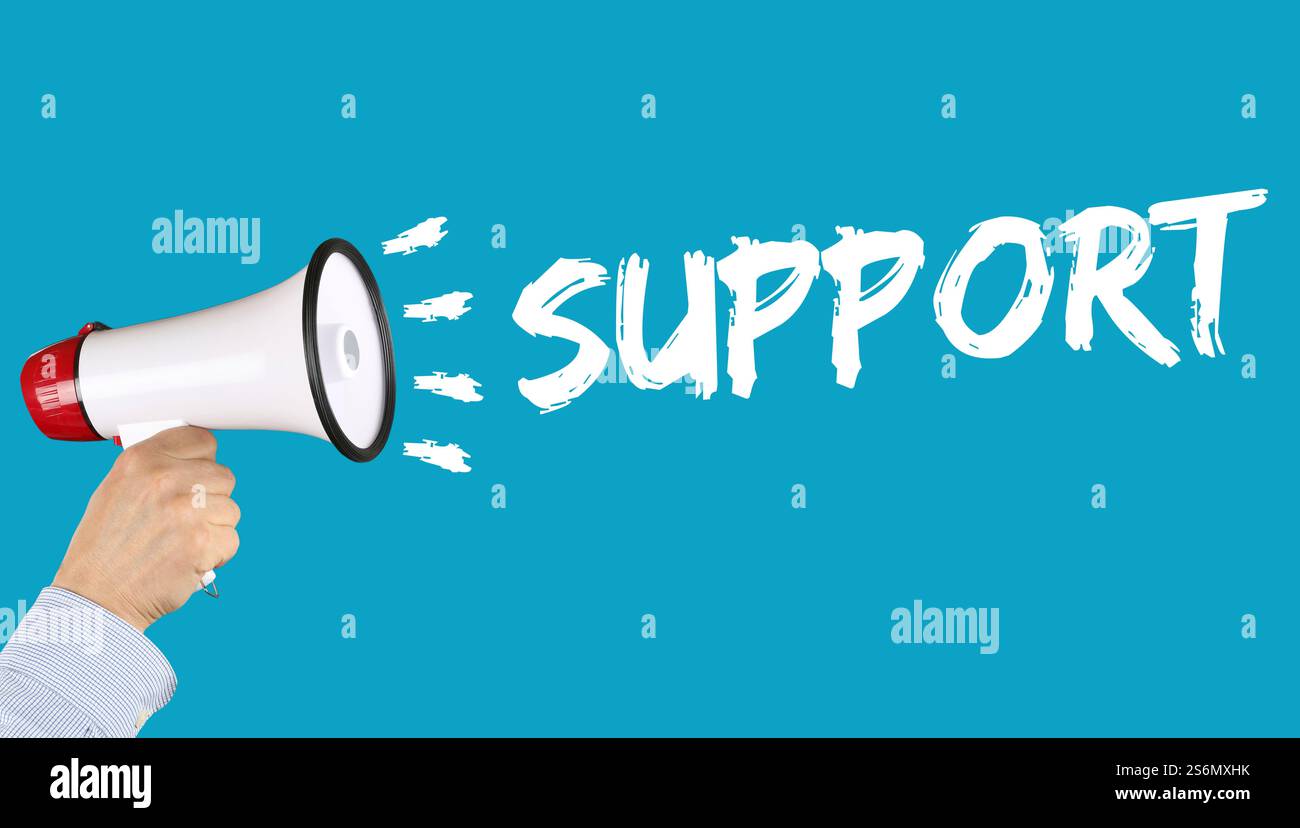 support help help with problem customer service hand with megaphone Stock Photo