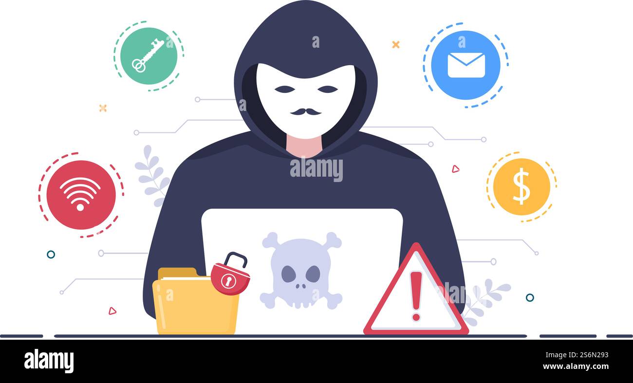 Hacker Using Computer Server to Activity Hacked Database, Network Storage, Social Account, Credit Card or Security. Background Vector Illustration Stock Vector