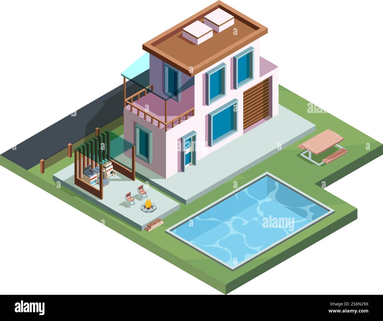 Outdoor patio. Wooden exterior terrace in garden with relax place luxury picnic barbecue cooking vector isometric kitchen. Wooden building on backyard with swimming pool illustration. Outdoor patio. Wooden exterior terrace in garden with relax place luxury picnic barbecue cooking vector isometric kitchen Stock Vector