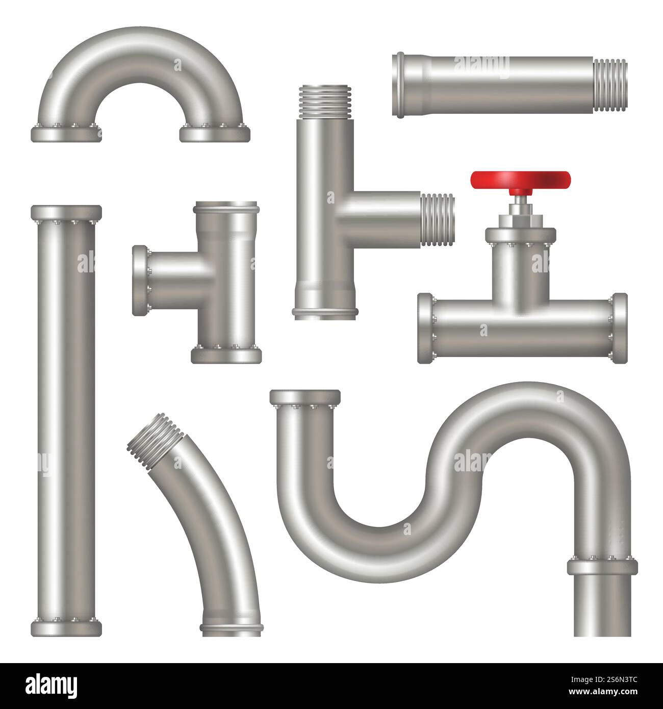 Steel pipes. Realistic picture of water tubes systems with cranes curved factory oil or gas pipelines vector set. Pipe metal steel, pipeline plumbing illustration. Steel pipes. Realistic picture of water tubes systems with cranes curved factory oil or gas pipelines vector set Stock Vector