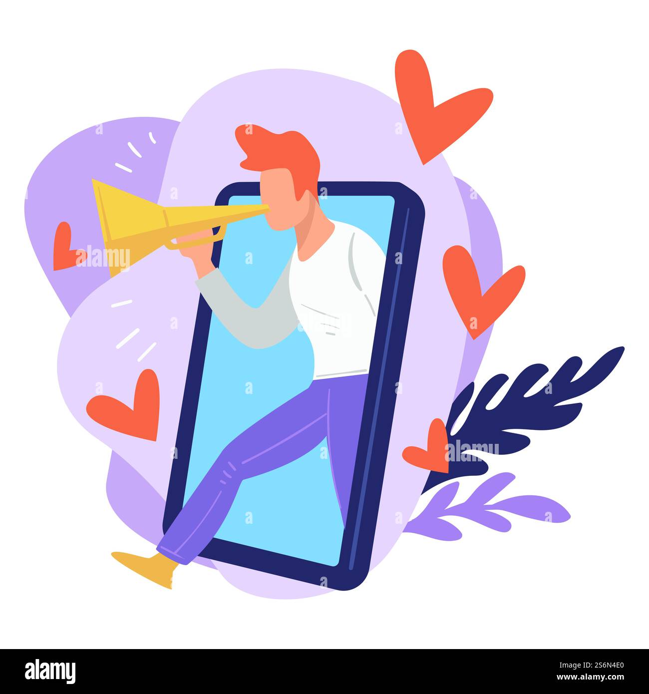 Marketing and successful campaign for attracting followers or clients. Man with bullhorn announcing new promo for customers. Smartphones and online selling marketplaces, vector in flat style. Business and marketing online, advertisement or announcement vector Stock Vector