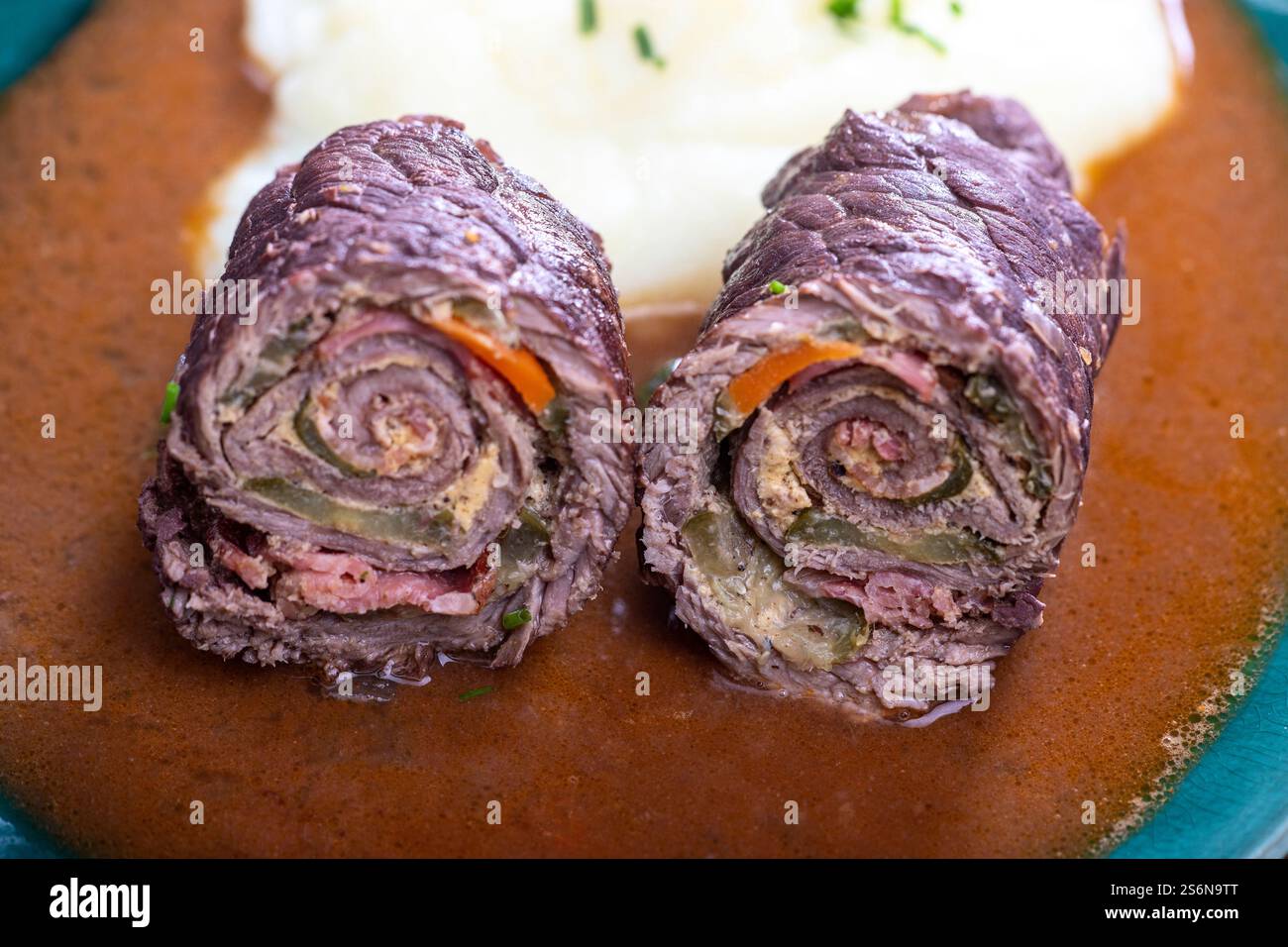Meat roulades with mashed potatoes Stock Photo