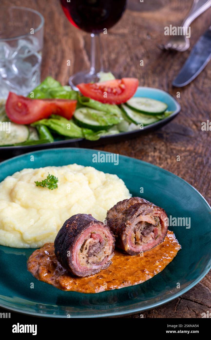 German meat roulade with mashed potatoes Stock Photo