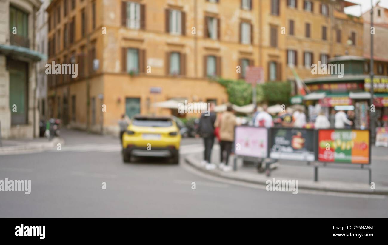 Street scene in rome featuring blurred people and a yellow car against ...