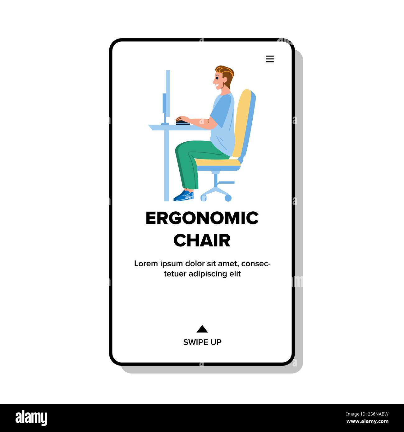 Ergonomic Chair For Correct Healthy Posture Vector. Man Worker Sitting On Ergonomic Chair For Comfortable And Healthcare Pose And Work At Workspace. Character Position Web Flat Cartoon Illustration. Ergonomic Chair For Correct Healthy Posture Vector Stock Vector
