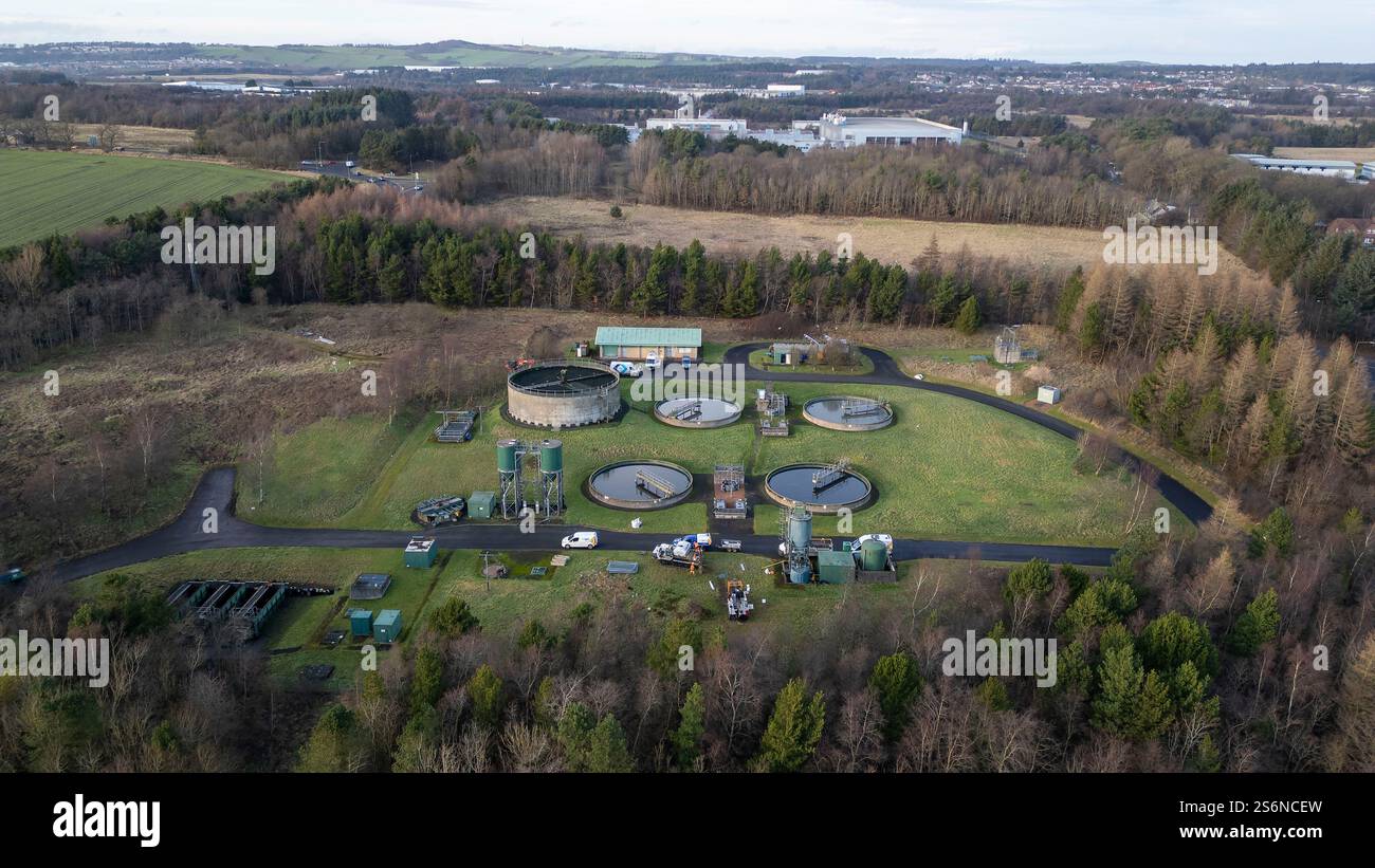 Aerial view of a waste water treatment facility, Livingston, West Lothian. Stock Photo