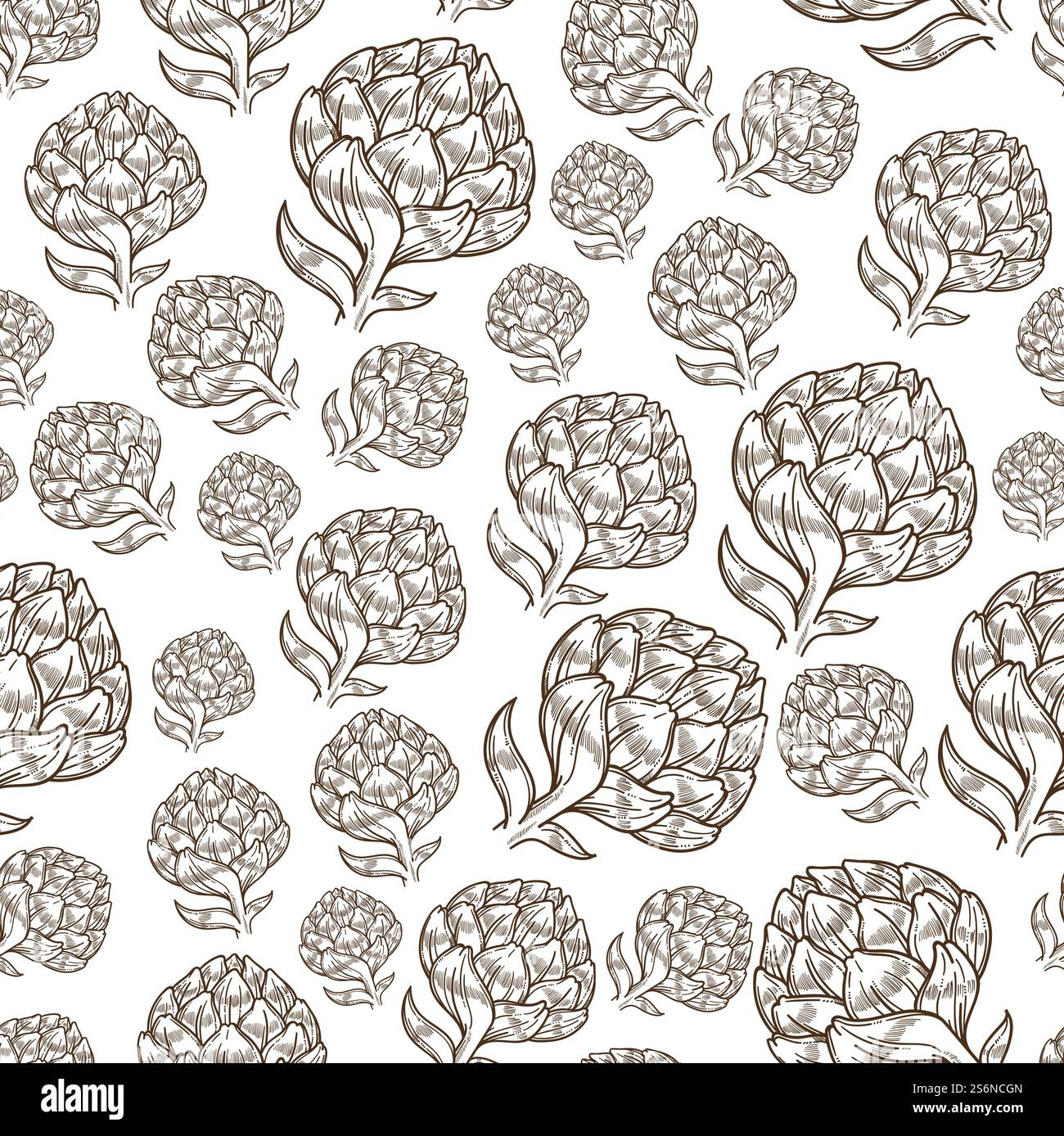 Coniferous pine cone seamless pattern. Symbol of Christmas, branch with leaf. Flower evergreen plant decorative element. Flora twig, composition. Monochrome sketch outline, vector in flat style. Pine cone botanic plant, monochrome sketch seamless pattern Stock Vector