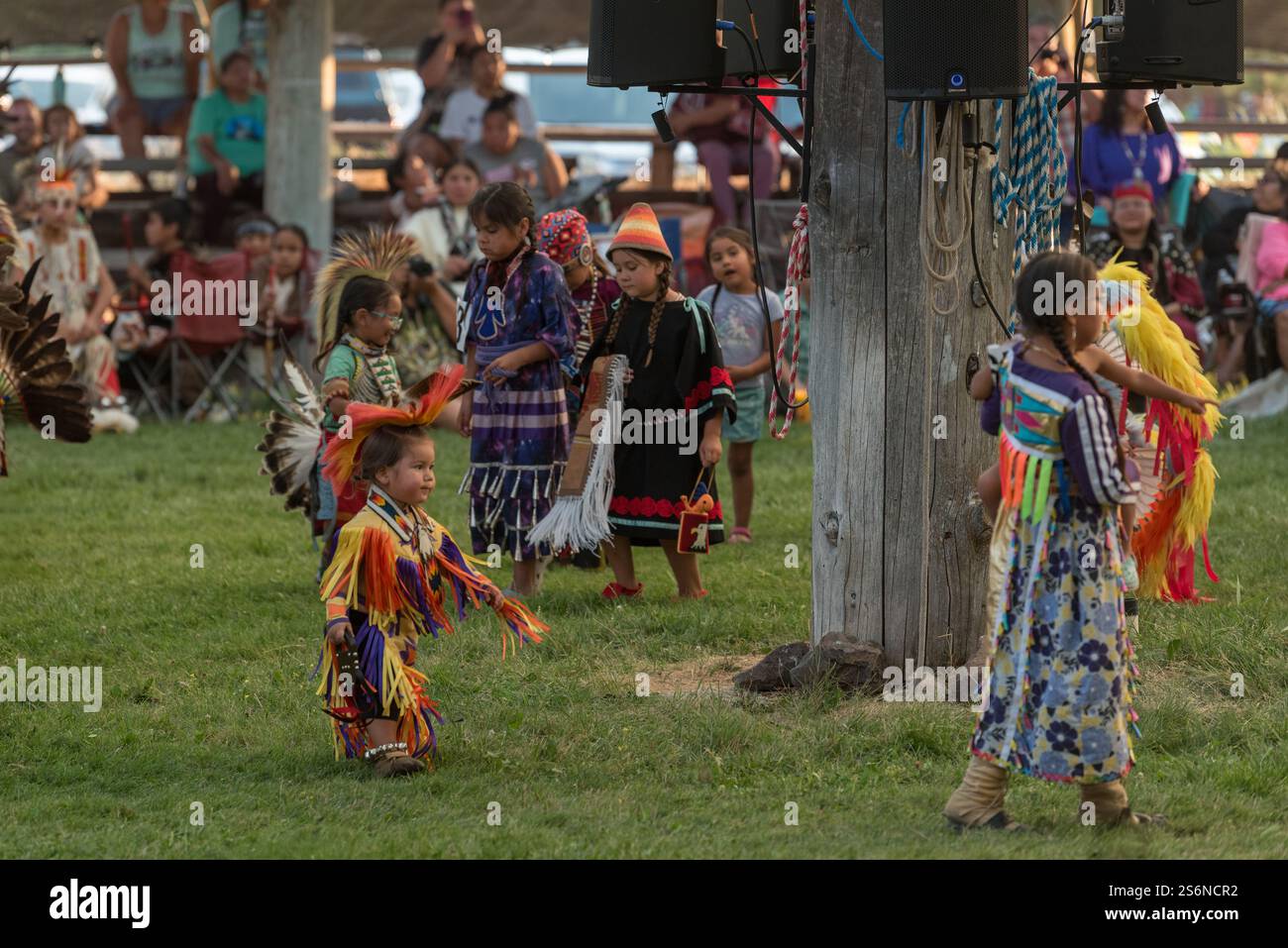 Native children dancing at the annual Tamkaliks Celebration in Wallowa, Oregon. Stock Photo