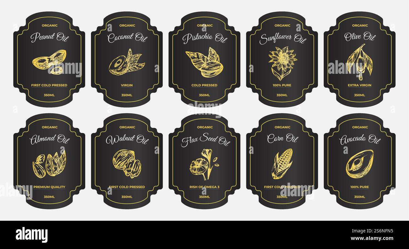 Premium quality organic oil bottle sticker, vector illustration. Gold ...