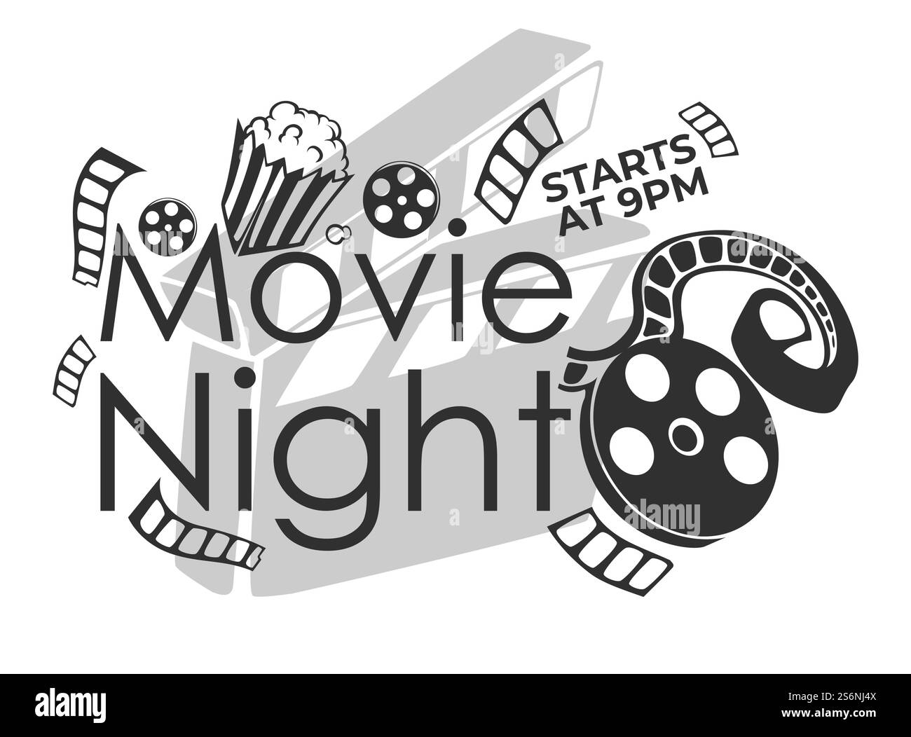 Invitation to cinema for movie night starting at 9 pm. Old fashioned banner with film strips and reels, popcorn snacks. Cinematography and filmmaking presentation of piece. Vector in flat style. Movie night start at 9 pm, invitation to cinema Stock Vector