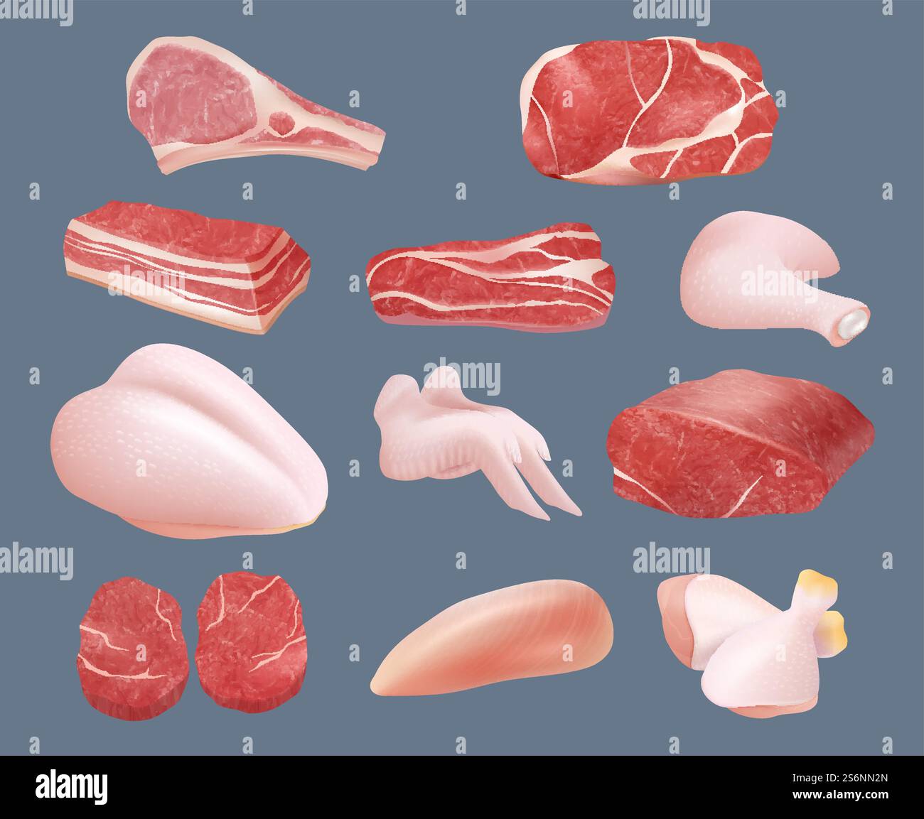 Raw meat. Plastic transparent packages with beef chicken pork and steak ...