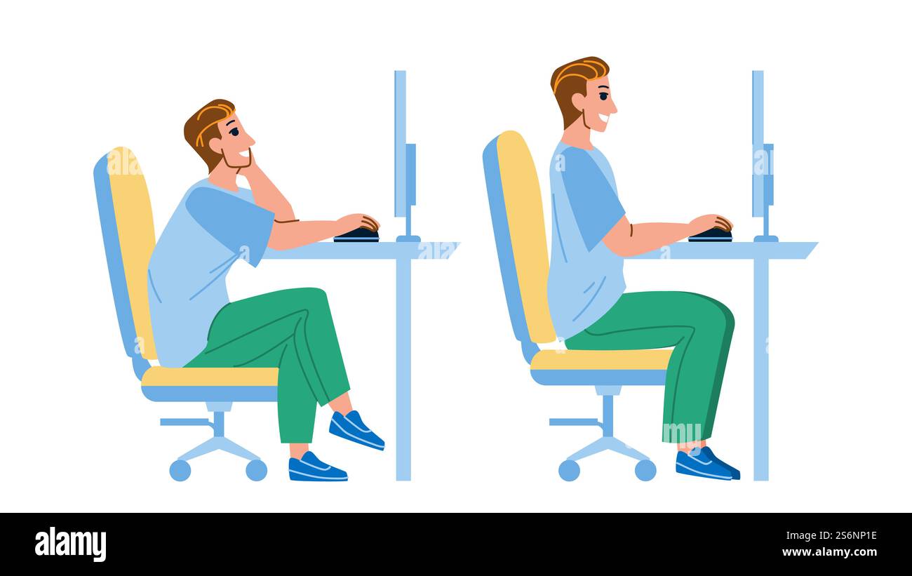 In Ergonomic Posture Sit Man At Computer Vector. Worker Guy Sitting In Ergonomic Posture At Screen Workplace. Character In Correct Pose Working At Workspace Flat Cartoon Illustration. In Ergonomic Posture Sit Man At Computer Vector Stock Vector