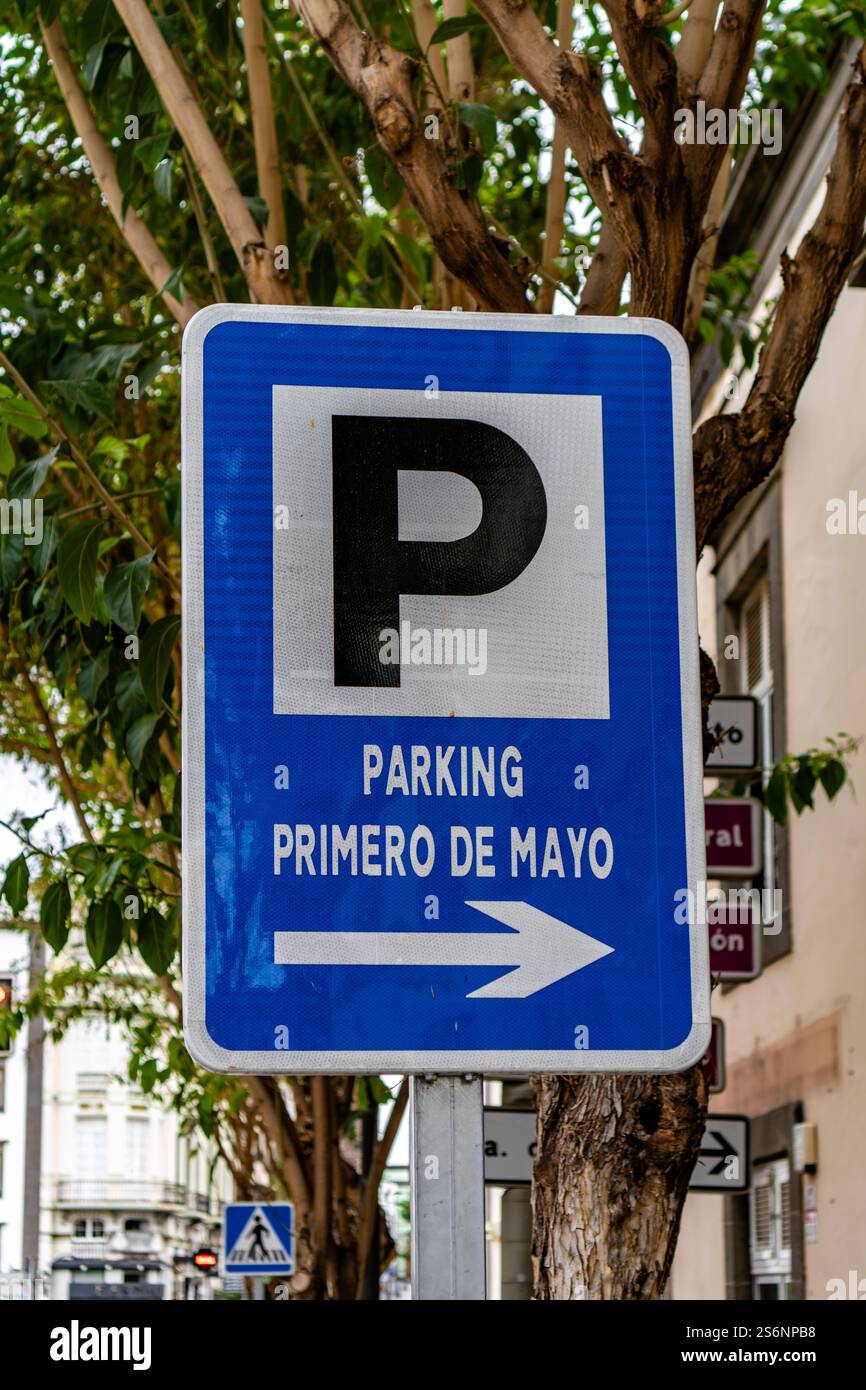 A blue sign with a white P on it that says 