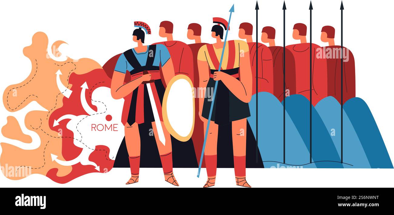 Warriors and soldiers of roman legion, men with weapons. Large army formation of Roman empire wearing armor and holding spears and shields. Gladiators protecting or invading. Vector in flat style. Roman legion, warriors with spears and shields Stock Vector