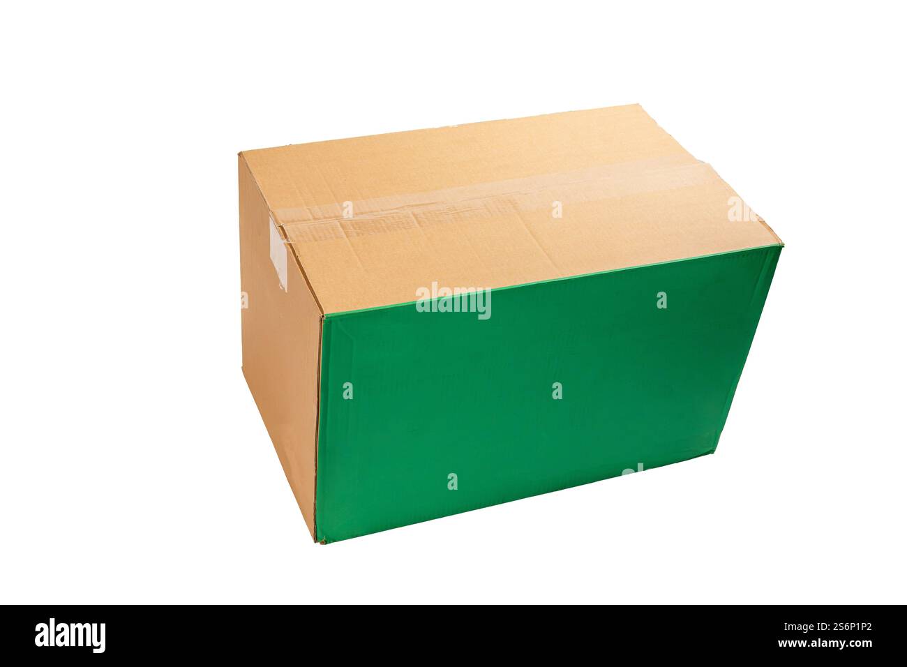 A cardboard box with a green stripe on it. The box is brown and has a ...