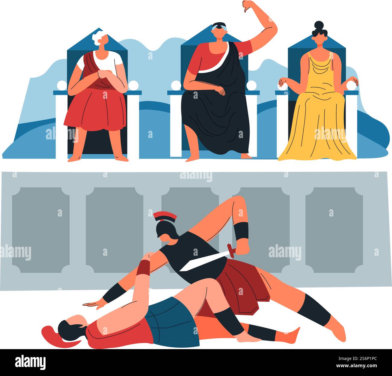 Roman empire performance and fun in ancient times. Gladiator fight and voting. Soldiers with sword, judge giving negative decision. Scene or stadium with people and jury. Vector in flat style. Gladiator fight and voting, roman performance Stock Vector