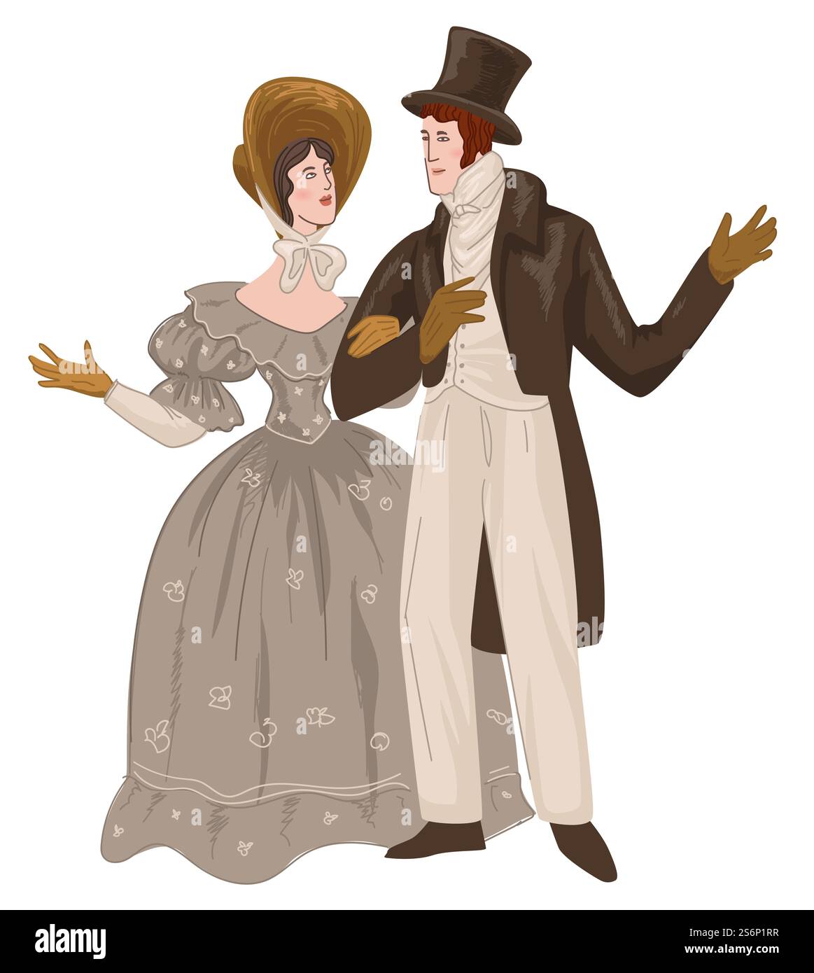 Vintage man and woman wearing traditional clothes of romanticism. Male in top hat and elegant suit, female in dress and hat. Wife and husband walking or strolling on weekends. Vector in flat style. Couple of romanticism epoch, vintage man and woman Stock Vector