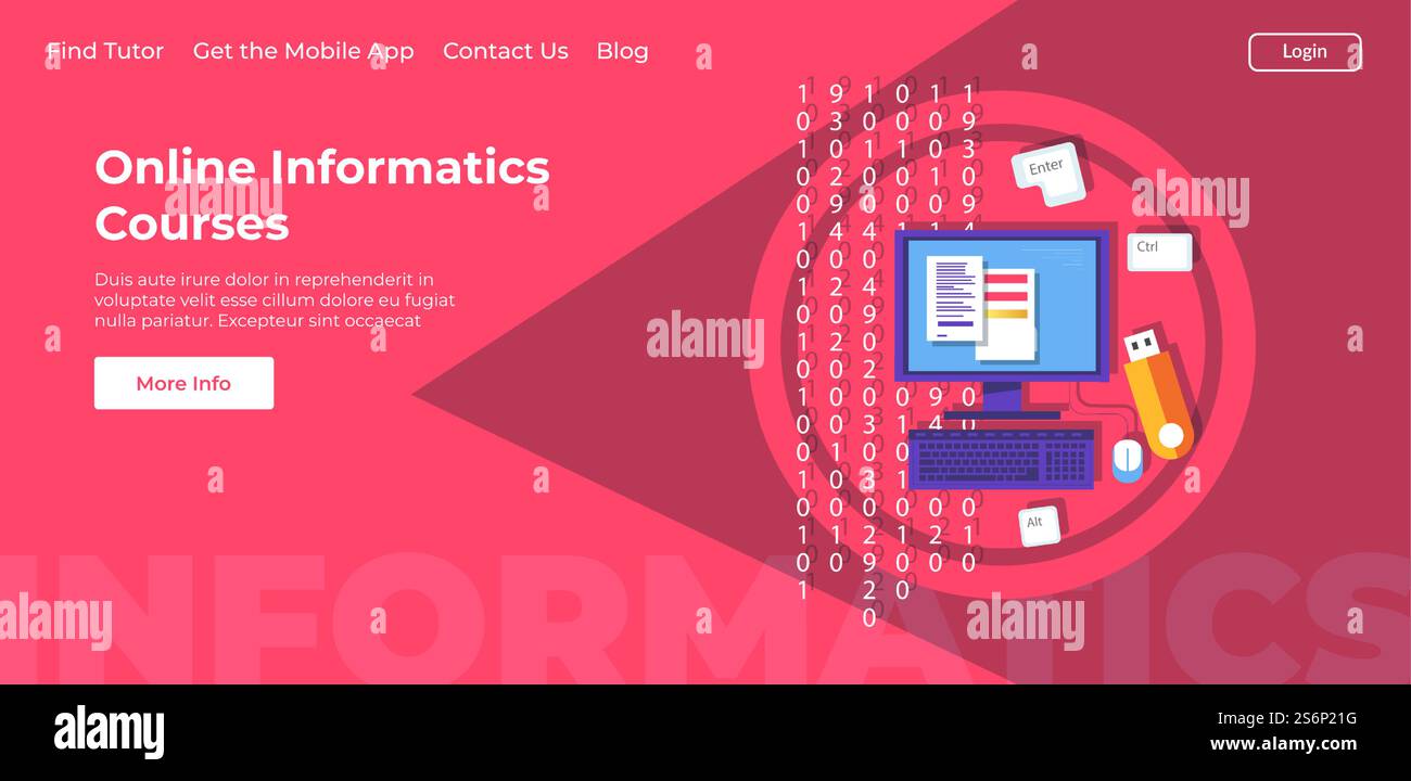 Informatics and computer technologies courses, lessons and classes online. Internet remote education, learning how to program and code. Website or webpages template, landing page flat vector. Online informatics courses lessons, landing page Stock Vector