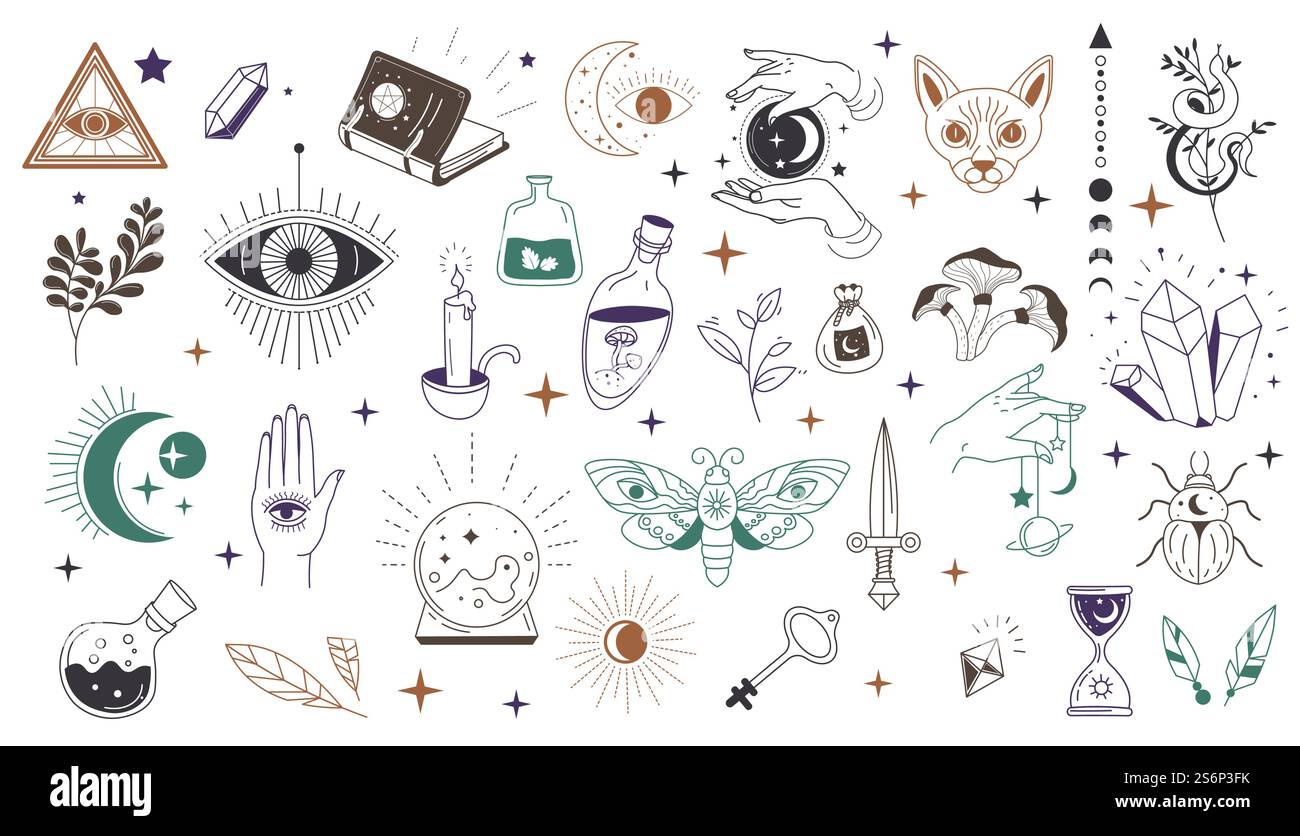 Occultism and mystic symbols, isolated eye and triangle, herbs and magic books, potions and animals. Spirituality or religion, labels and emblems in minimalist and sketch art. Vector in flat style. Mystic symbols and occult wisdom signs vector Stock Vector