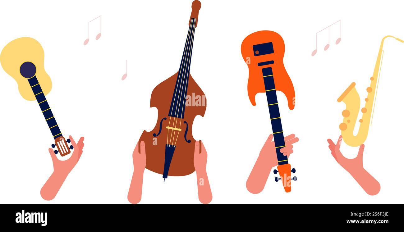Hands holding music instruments. Guitar, strings and winds musical orchestra vector banner. Illustration musical instrument, saxophone and guitar. Hands holding music instruments. Guitar, strings and winds musical orchestra vector banner Stock Vector