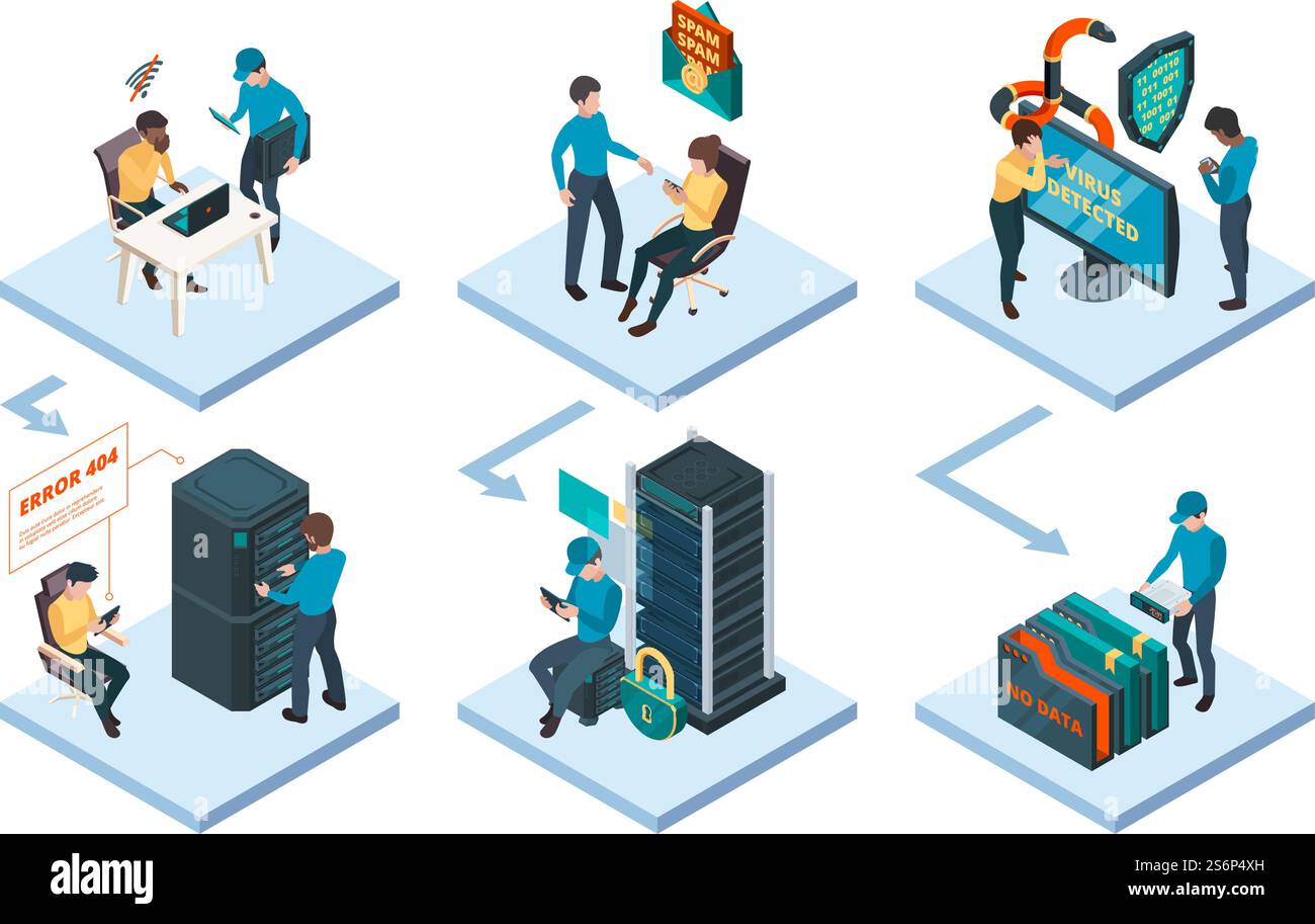Sysadmin helping. Digital data network worker safe protect security software technician worker garish vector isometric illustration. Computing data network, automation connection control. Sysadmin helping. Digital data network worker safe protect security software technician worker garish vector isometric illustration Stock Vector