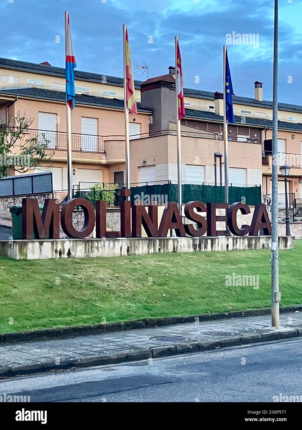 The Town Hall, Various Flags and Town Name on the Camino Francés Molinaseca, Spain - Smartphone Captured Stock Image