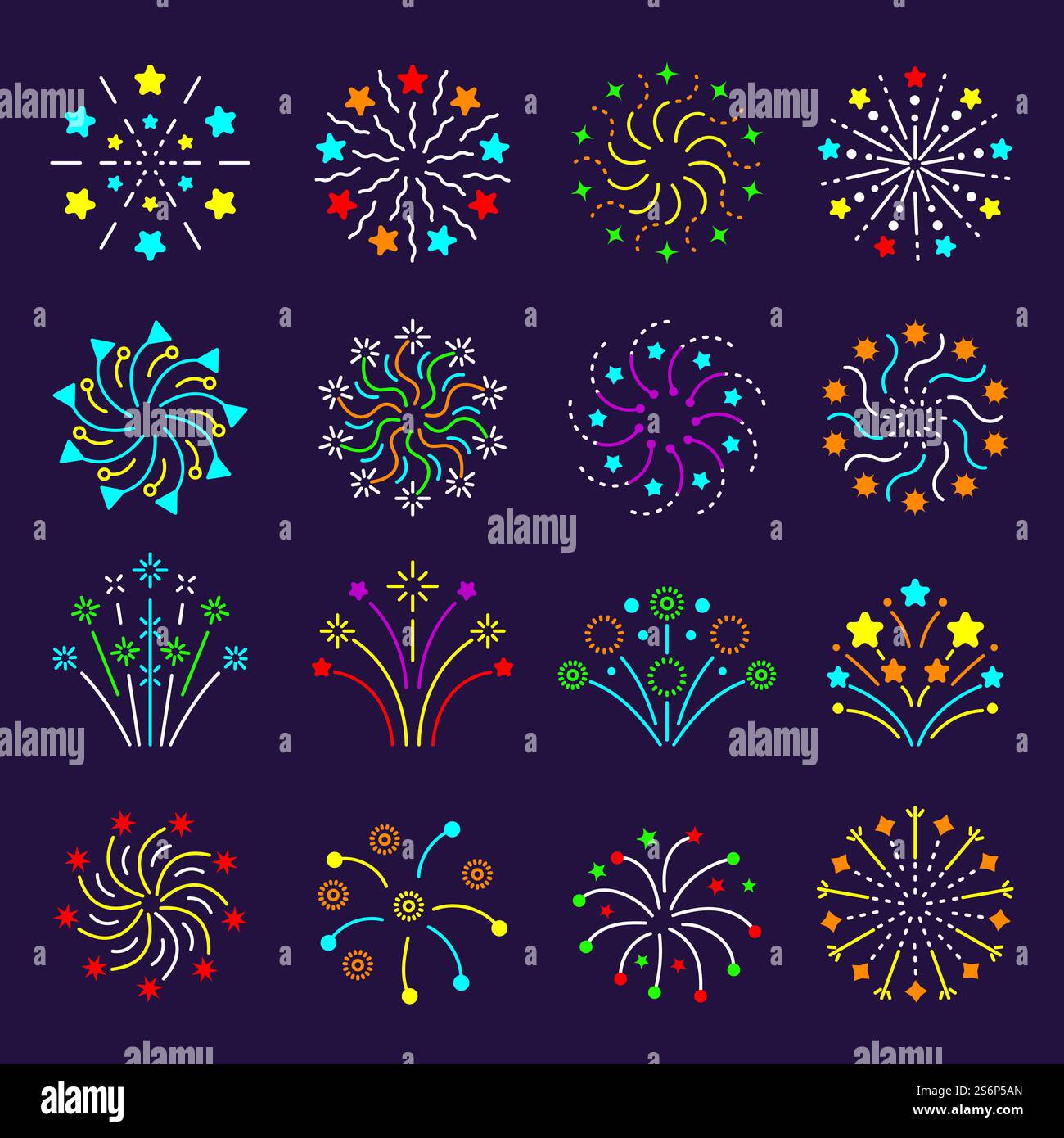Flat fireworks. Celebration burst stars entertainments birthday gift ...