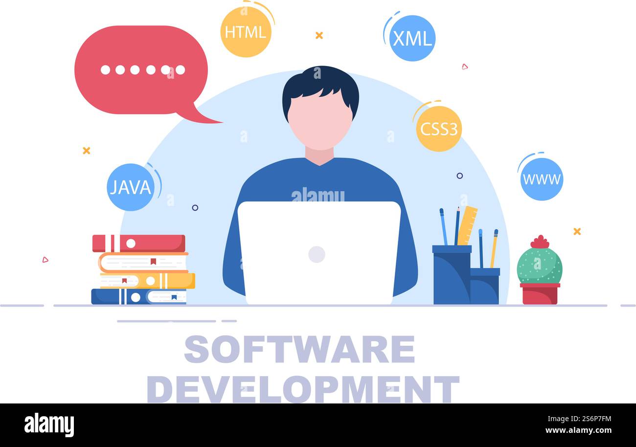 Software Development and Programming Code on Computer Vector Illustration for Technology, Engineer Team, coding, Marketing Material, Business and Presentation Stock Vector